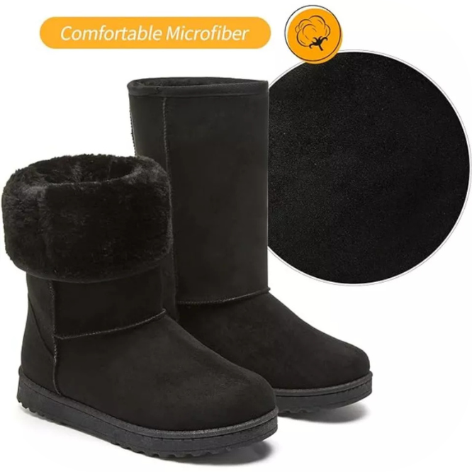Snow Boots Cow Suede Leather Mid-calf Fur Lined Outdoor Ankle Booties Black,US6