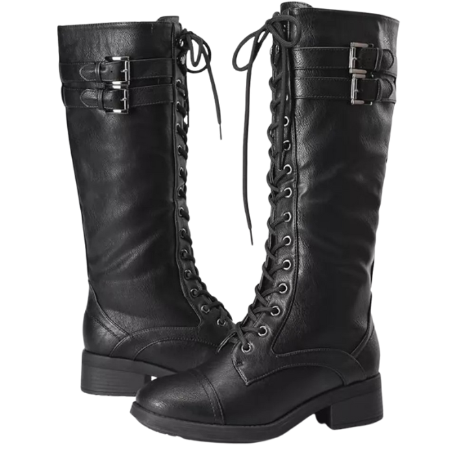 Georgia Black Faux Leather Pu Knee High Riding Combat Boots - 12 M US