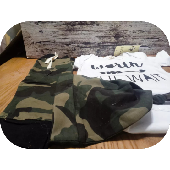 3pcs Baby Letter Print Romper Camouflage Pants Hat Outfits Set Up to 21 Pounds