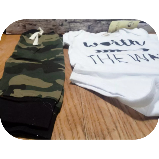 3pcs Baby Letter Print Romper Camouflage Pants Hat Outfits Set Up to 21 Pounds