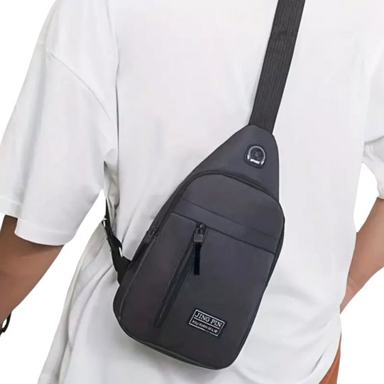 Black Nylon Leisure Sports Travel Chest Bag, Zipper Closure With Headphone Port