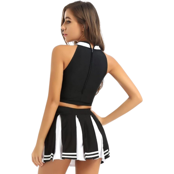 Schoolgirl Cheerleading Costume 2 Piece Fancy Crop Top Mini Skirt Outfit Black L