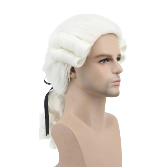 White Lawyer Judge Curly Male Wigs Deluxe Long Synthetic Cosplay Wig+Wig Cap OS