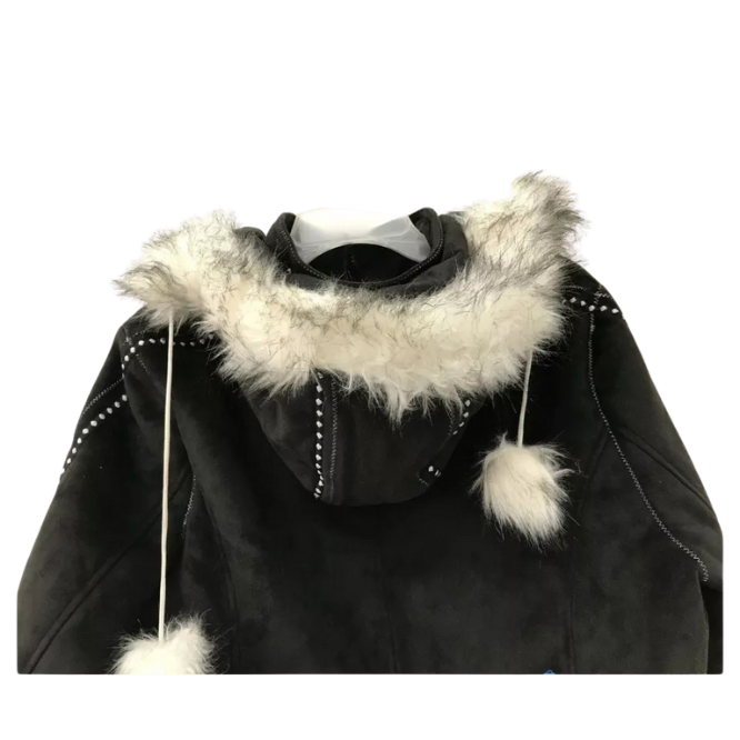 Vintage Women's Ameri Mode Faux Fur Embroidered Wolf Black Polyester Coat Size L