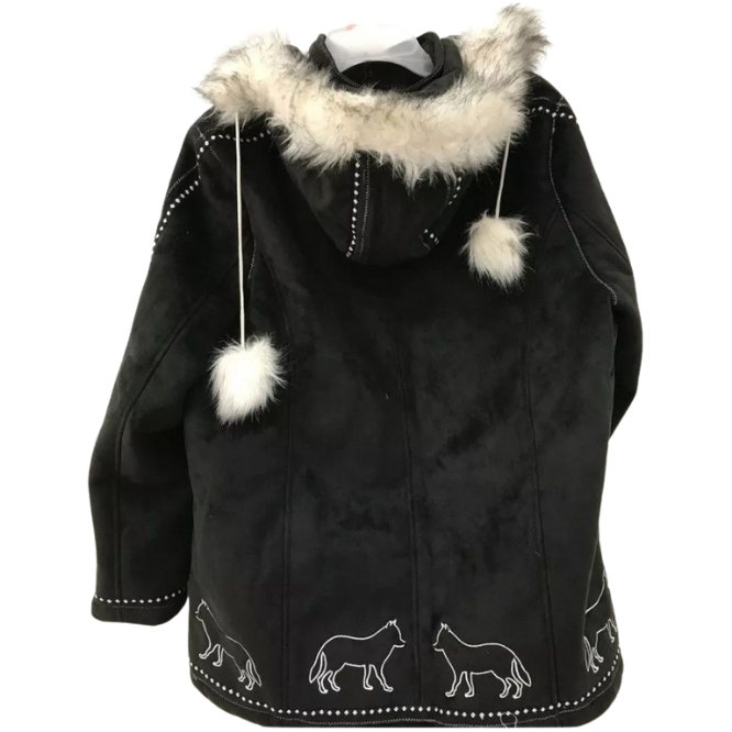 Vintage Women's Ameri Mode Faux Fur Embroidered Wolf Black Polyester Coat Size L