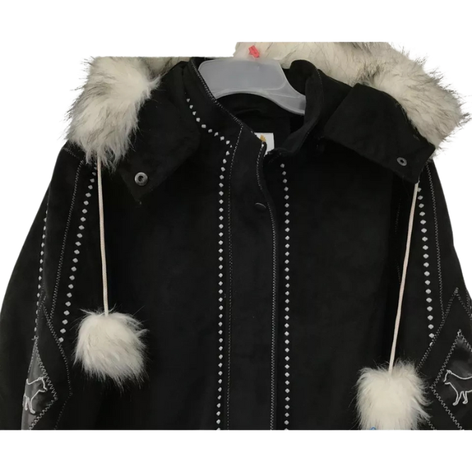 Vintage Women's Ameri Mode Faux Fur Embroidered Wolf Black Polyester Coat Size L