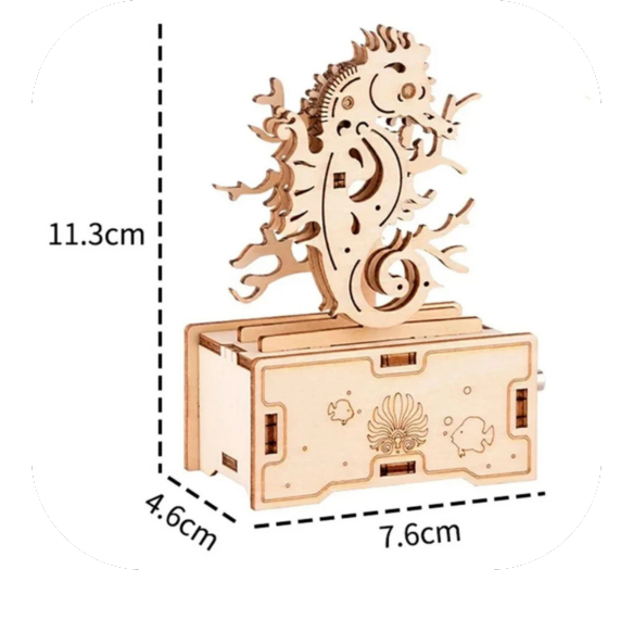 3D Seahorse Wooden Puzzle Music Box Model Kit Toy Carved Handmade Mechanical Toy