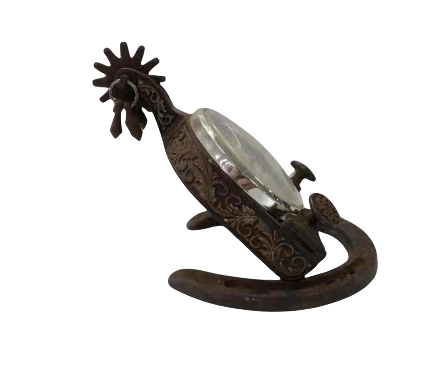 Vintage Equestrian Mantel or Table Clock Cast Metal Spur & Horseshoe