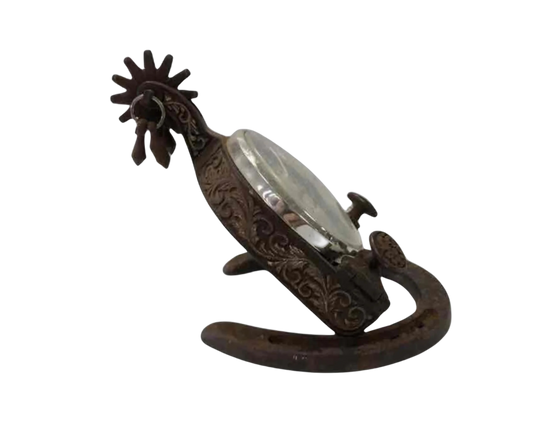 Vintage Equestrian Mantel or Table Clock Cast Metal Spur & Horseshoe