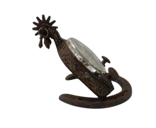 Load image into Gallery viewer, Vintage Equestrian Mantel or Table Clock Cast Metal Spur &amp; Horseshoe
