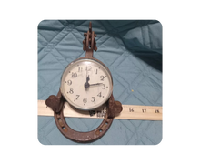 Load image into Gallery viewer, Vintage Equestrian Mantel or Table Clock Cast Metal Spur &amp; Horseshoe
