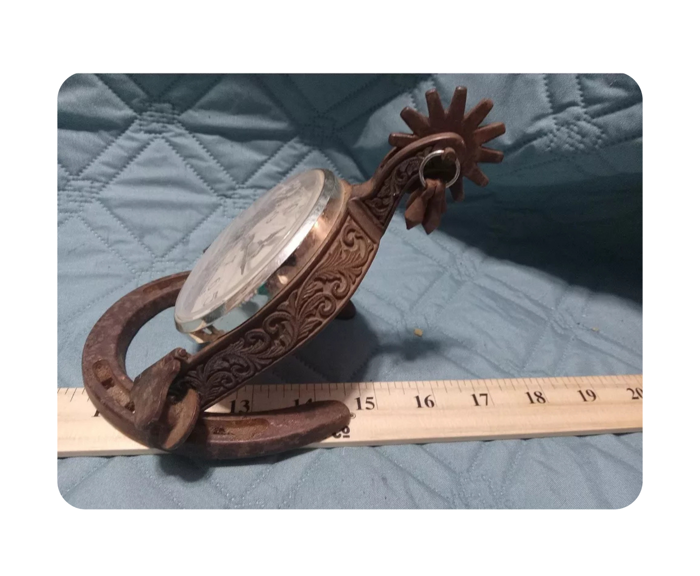 Vintage Equestrian Mantel or Table Clock Cast Metal Spur & Horseshoe