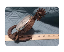 Load image into Gallery viewer, Vintage Equestrian Mantel or Table Clock Cast Metal Spur &amp; Horseshoe
