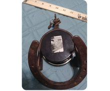 Load image into Gallery viewer, Vintage Equestrian Mantel or Table Clock Cast Metal Spur &amp; Horseshoe
