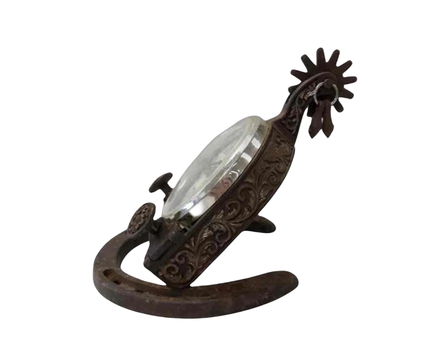 Vintage Equestrian Mantel or Table Clock Cast Metal Spur & Horseshoe