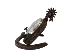 Load image into Gallery viewer, Vintage Equestrian Mantel or Table Clock Cast Metal Spur &amp; Horseshoe
