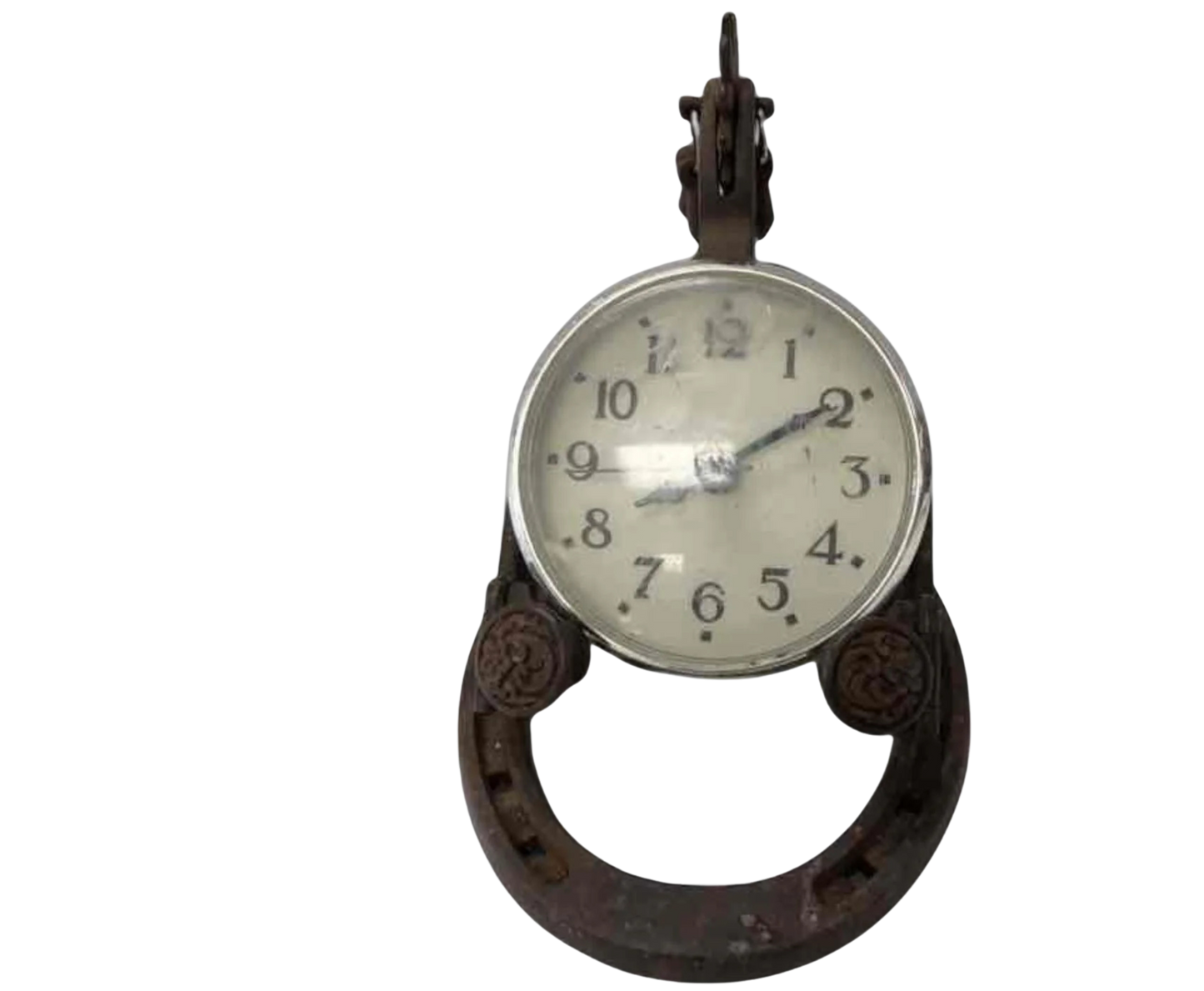 Vintage Equestrian Mantel or Table Clock Cast Metal Spur & Horseshoe