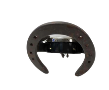 Load image into Gallery viewer, Vintage Equestrian Mantel or Table Clock Cast Metal Spur &amp; Horseshoe

