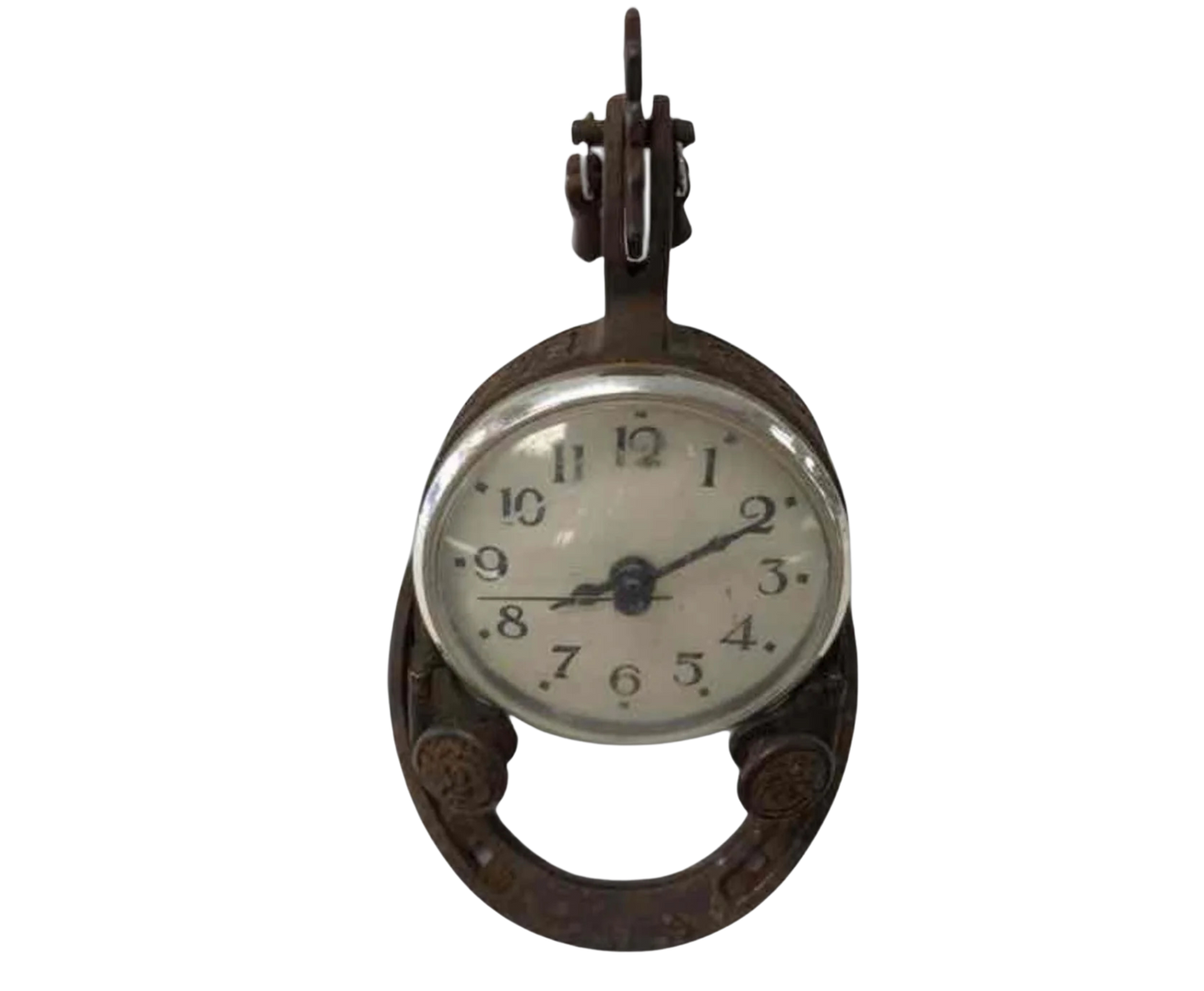 Vintage Equestrian Mantel or Table Clock Cast Metal Spur & Horseshoe