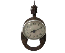 Load image into Gallery viewer, Vintage Equestrian Mantel or Table Clock Cast Metal Spur &amp; Horseshoe
