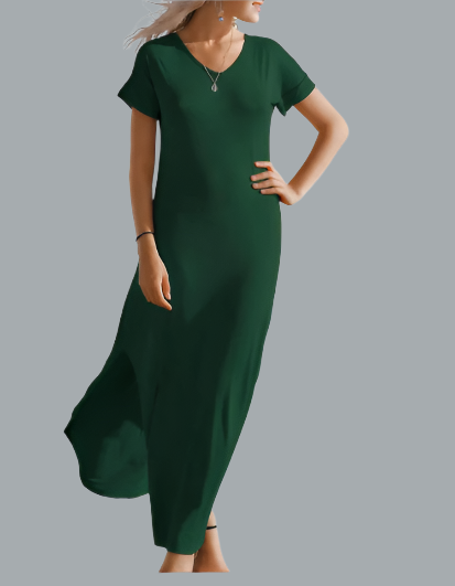 V Neck Short Sleeve Dress Open Back Side Split Midi Flowy Small Dark Green