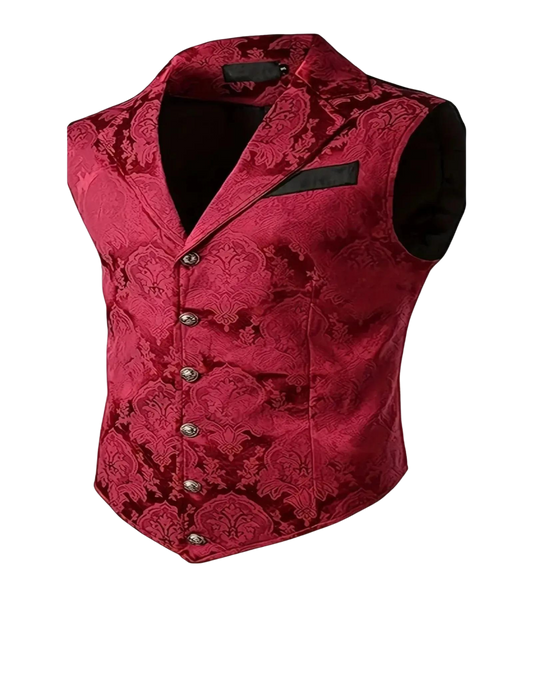 Jacquard Weave Dress Waistcoat Retro Single Breasted V Neck Vest Red XXL 44