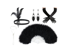 Load image into Gallery viewer, 1920s Flapper Black Headpiece Earrings Gloves Faux Pearl Necklace Feather Fan
