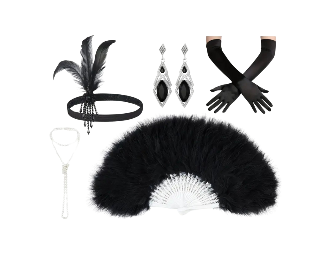 1920s Flapper Black Headpiece Earrings Gloves Faux Pearl Necklace Feather Fan