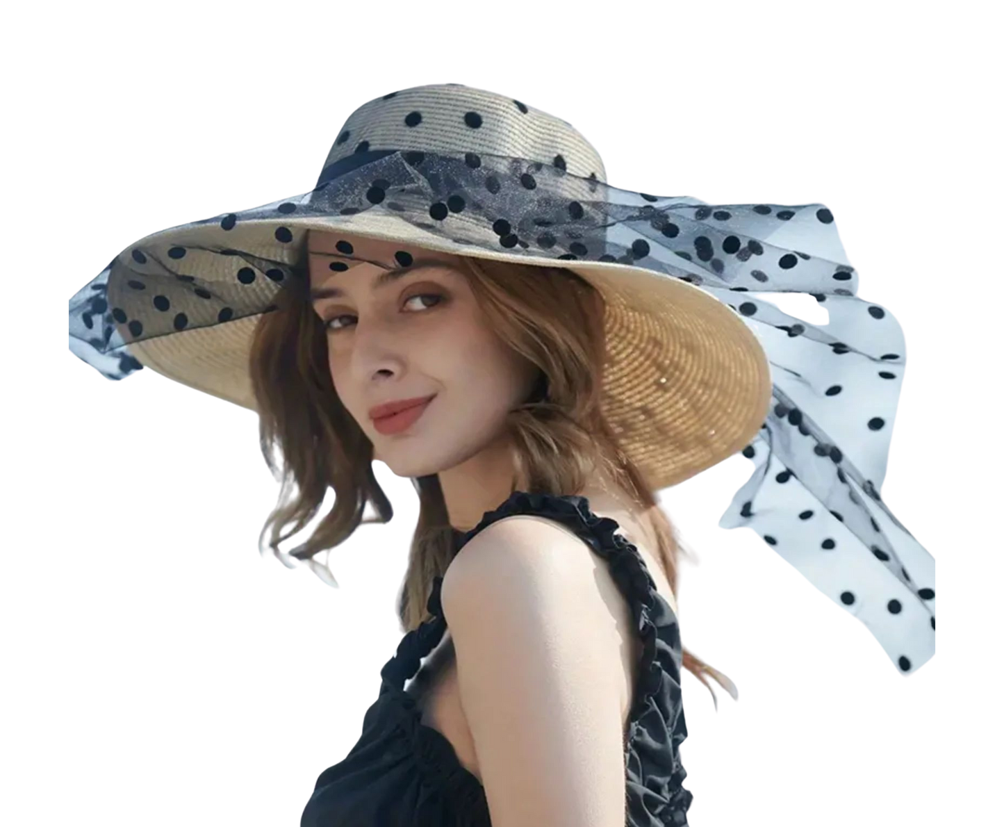 Sun Hat & Polka Dot Mesh and Straw Material Ideal for Beach & Outdoor Fun Beige