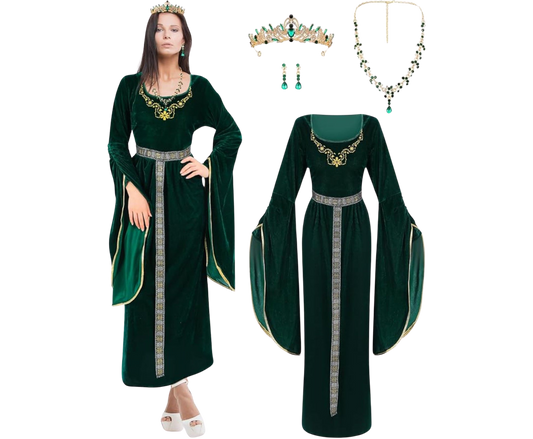 4 Pcs Medieval Women Princess Dress with Waistband Renaissance Green L
