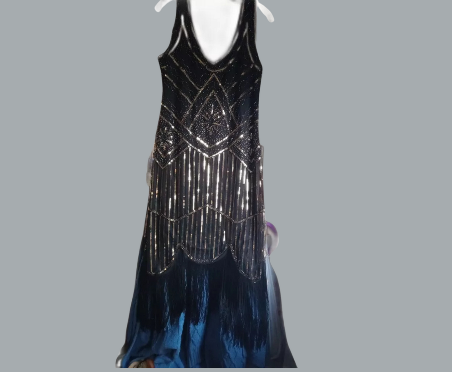 Sequined Fringe Hem Flapper Vintage Sleeveless Tank Dress BLACK & GOLD US14