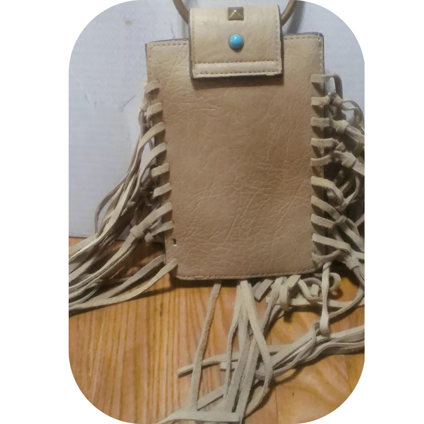 MUDD Tan Fringe Crossbody Phone Bag Boho Western Faux Turquoise Pre-owned