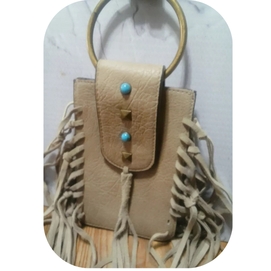 MUDD Tan Fringe Crossbody Phone Bag Boho Western Faux Turquoise Pre-owned