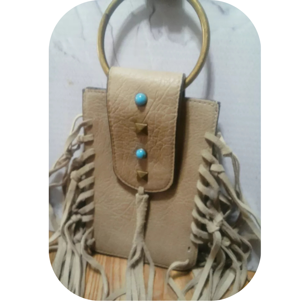 MUDD Tan Fringe Crossbody Phone Bag Boho Western Faux Turquoise Pre-owned