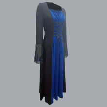 Load image into Gallery viewer, Black with Blue Front LaceUp Dress Flare Sleeve Maxi Medieval Renaissance M(6)
