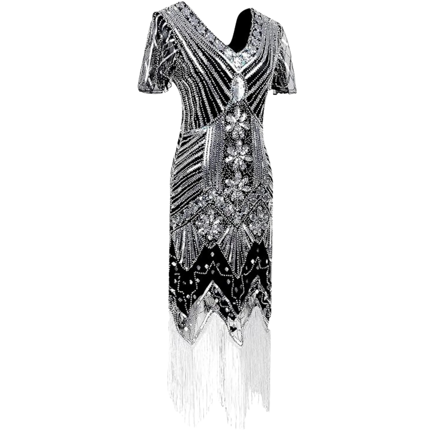 1920s Sequins Gatsby Cocktail Flapper Dress Medium Black Silver