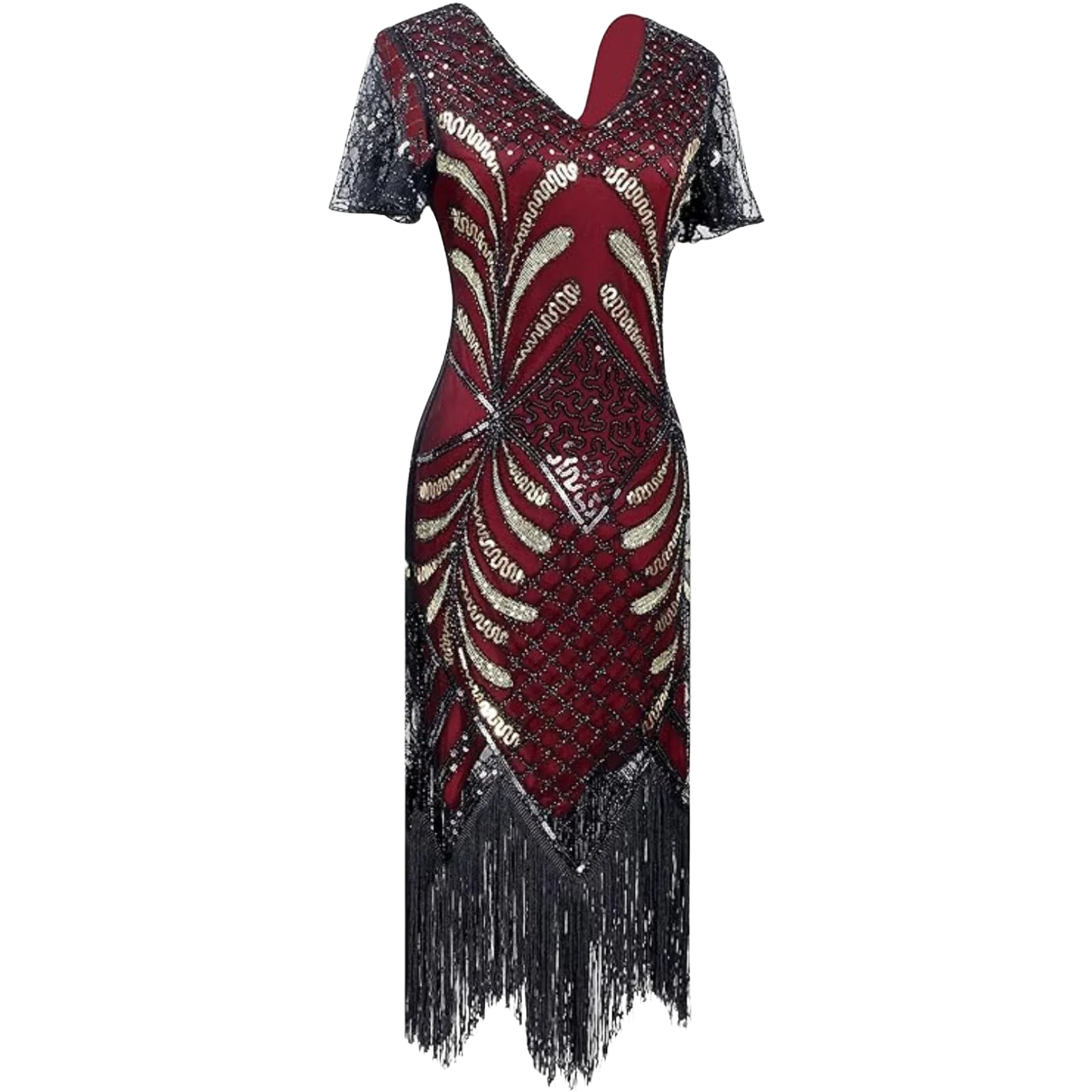 1920s Sequins Gatsby Flapper Dress 20s Headband Accessories Set Large Black Red