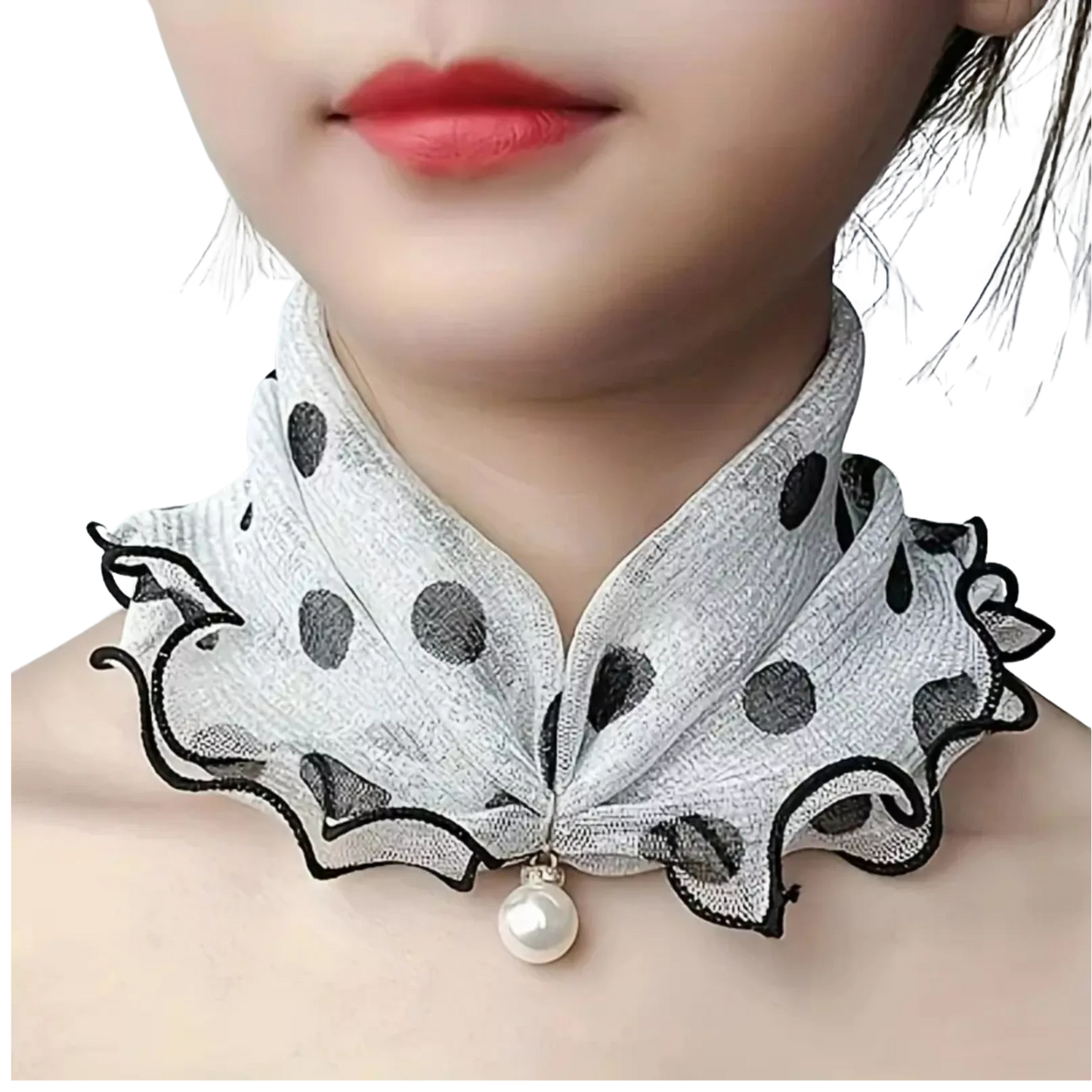 Collar Scarf Imitation Pearl Pendant Thin Breathable Ruffle Edge Neck Protection