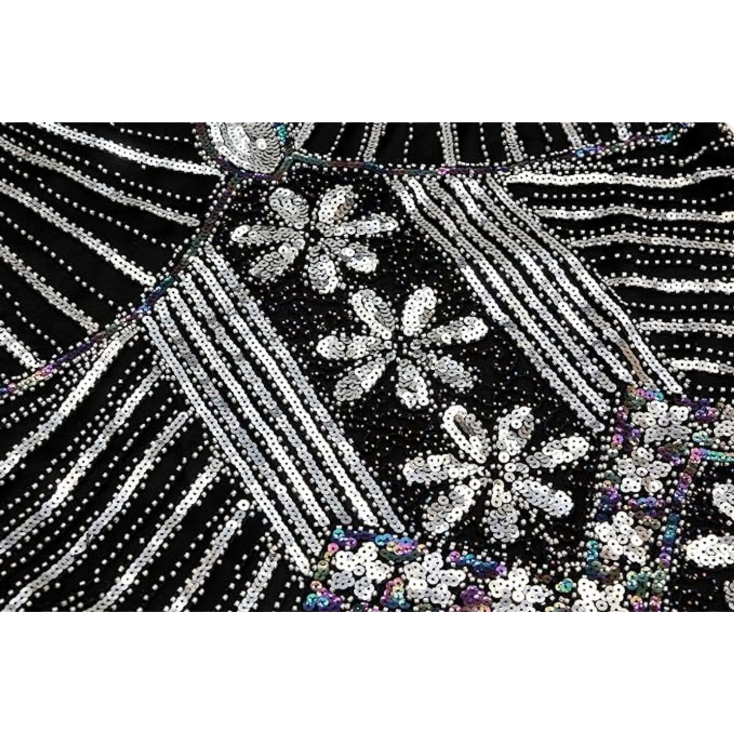 1920s Sequins Gatsby Cocktail Flapper Dress Black Silver Sm Headband Accs Set
