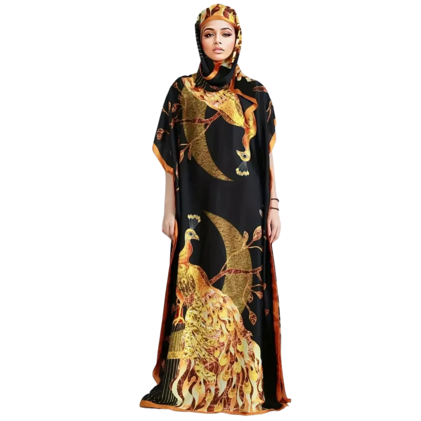 Peacock Print Crew Neck Hooded Kaftan Modest Batwing Sleeve Maxi Dress OSFM