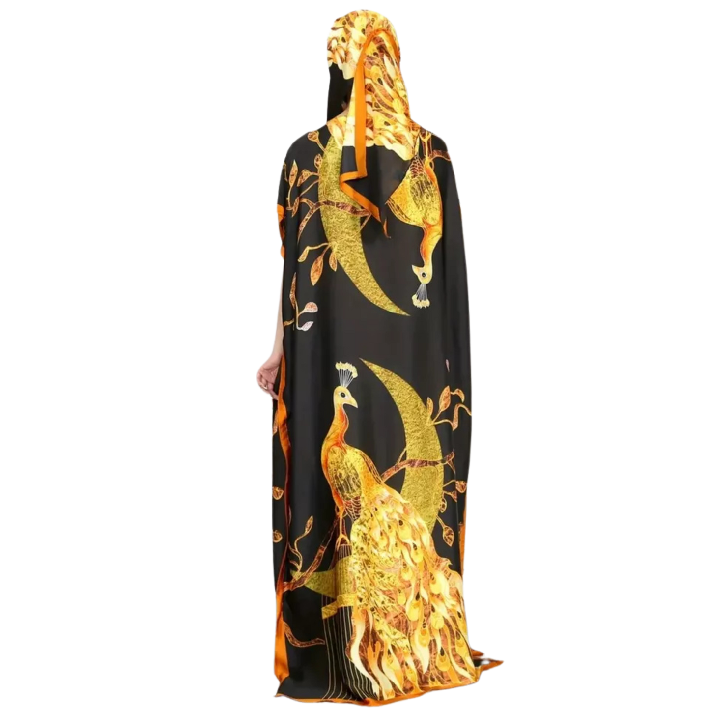 Peacock Print Crew Neck Hooded Kaftan Modest Batwing Sleeve Maxi Dress OSFM