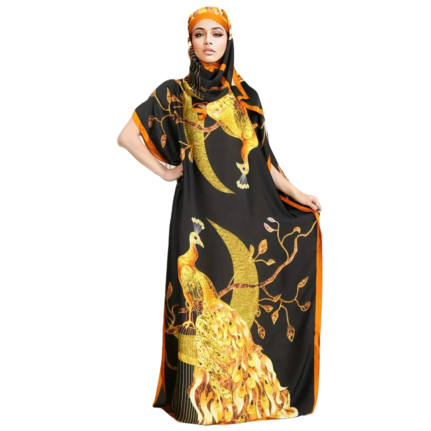 Peacock Print Crew Neck Hooded Kaftan Modest Batwing Sleeve Maxi Dress OSFM