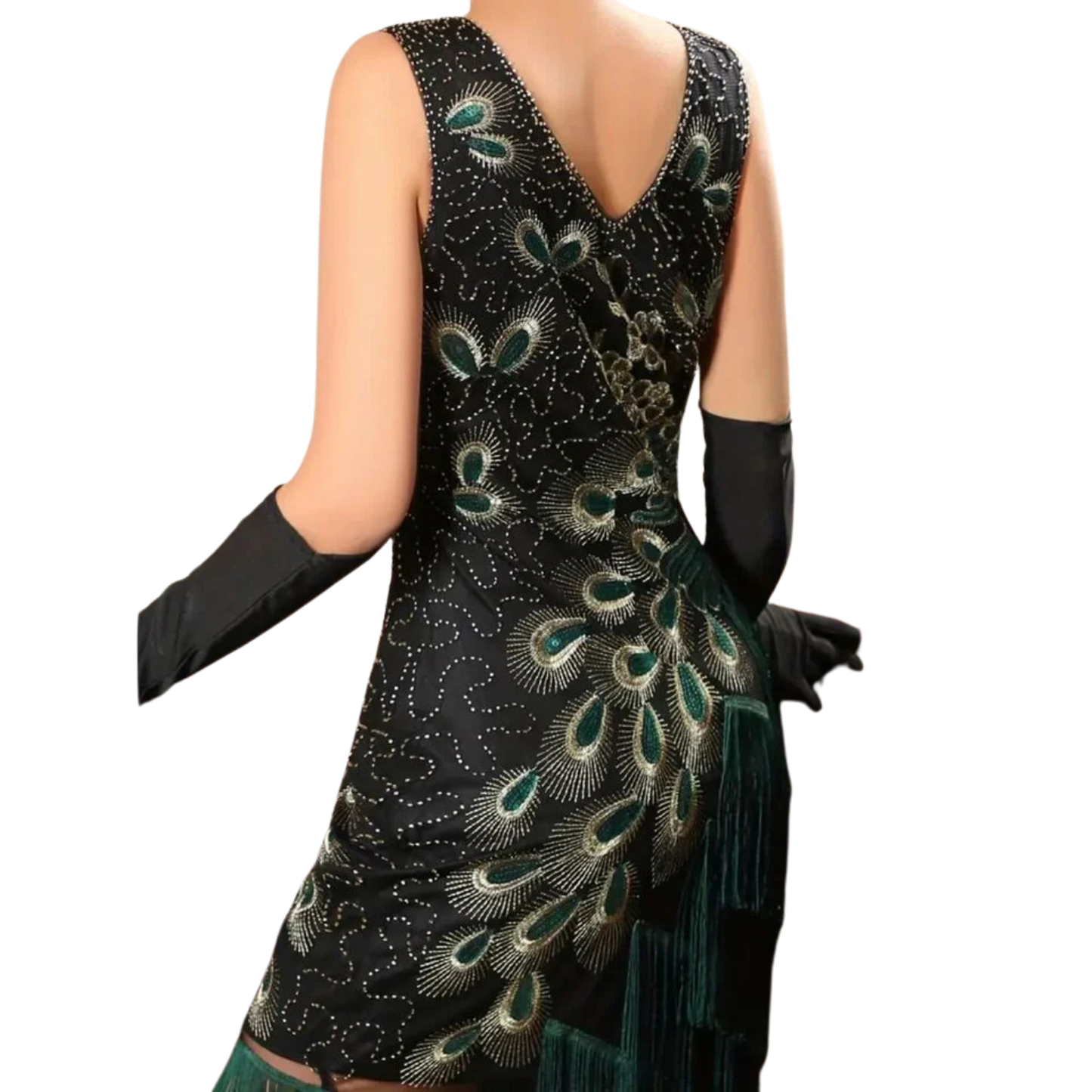 Peacock & Floral Pattern Tassel Tank Dress Vintage Sleeveless V-neck Flapper Dress Sz 14