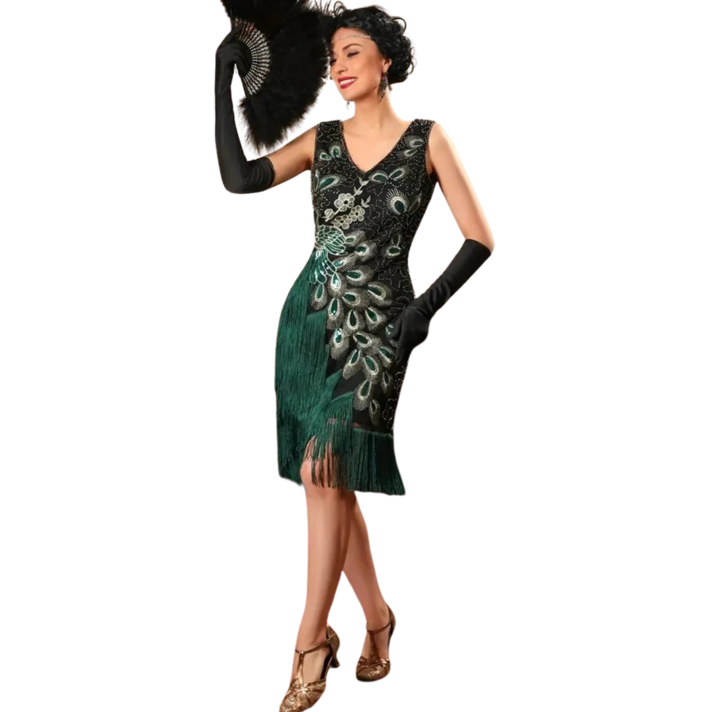 Peacock & Floral Pattern Tassel Tank Dress Vintage Sleeveless V-neck Flapper Dress Sz 14