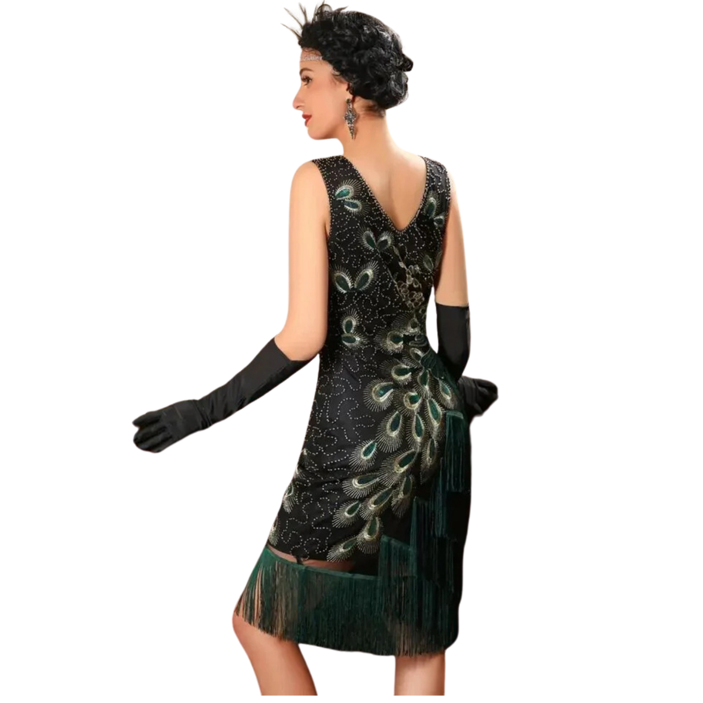 Peacock & Floral Pattern Tassel Tank Dress Vintage Sleeveless V-neck Flapper Dress Sz 14