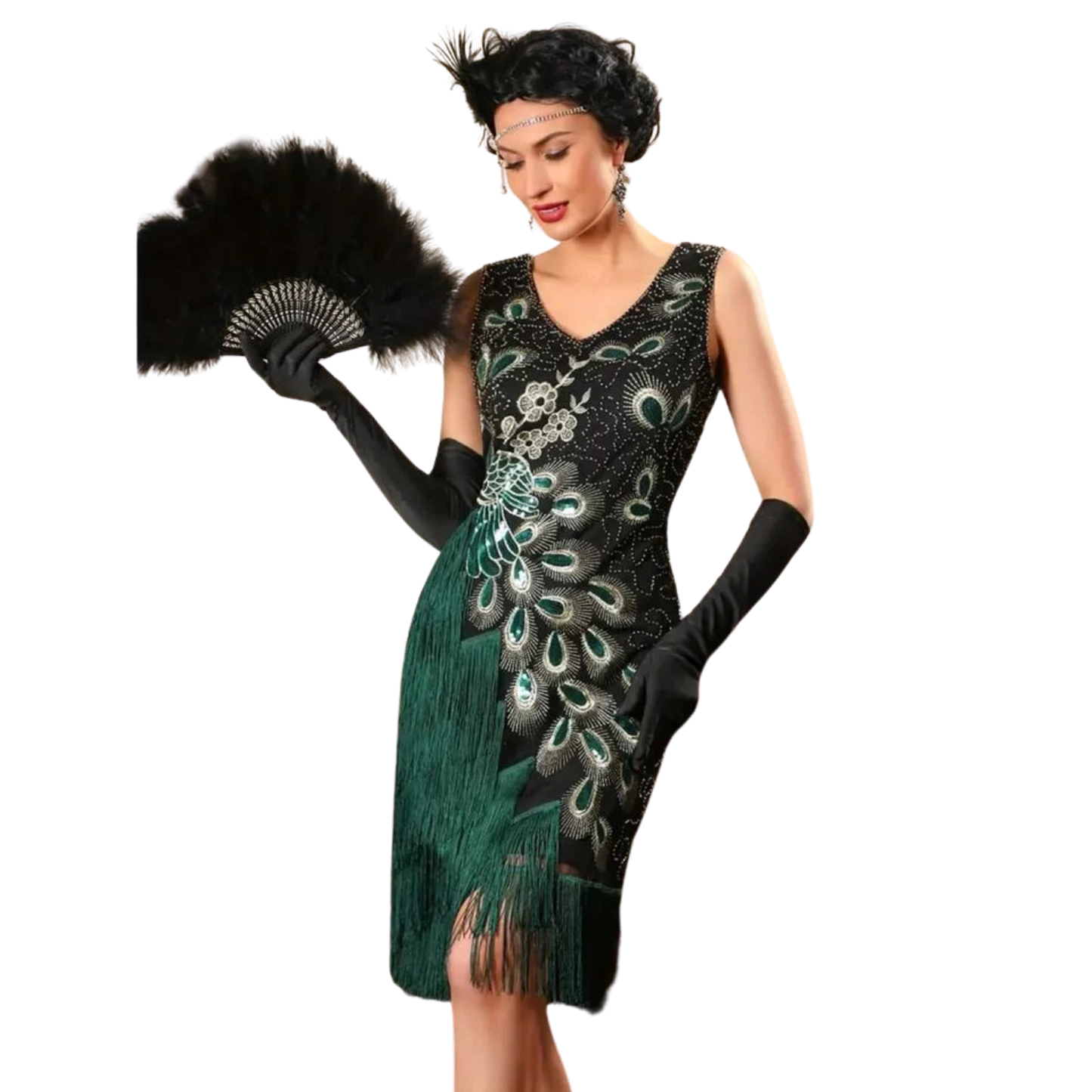 Peacock & Floral Pattern Tassel Tank Dress Vintage Sleeveless V-neck Flapper Dress Sz 14