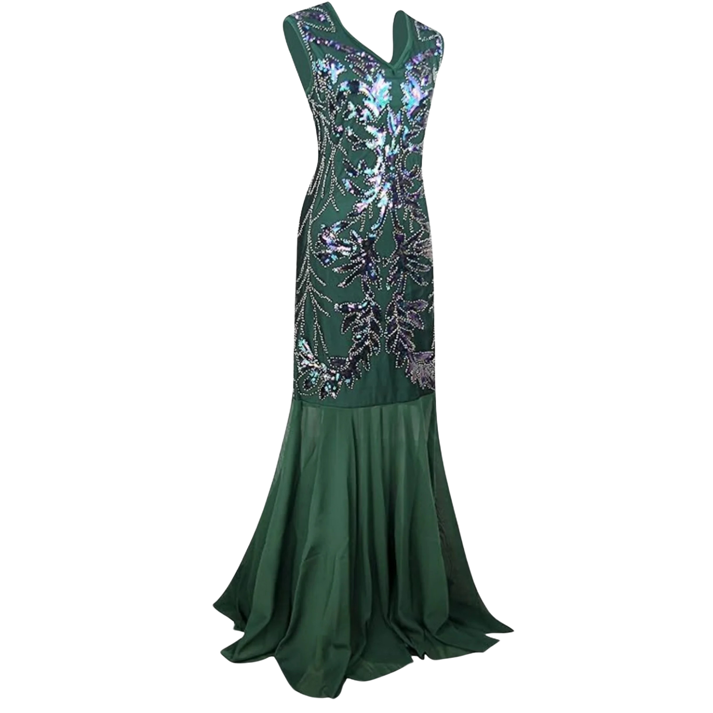 1920'S Mermaid Flapper Gown Party Evening Dress With Accessories Set Green Large