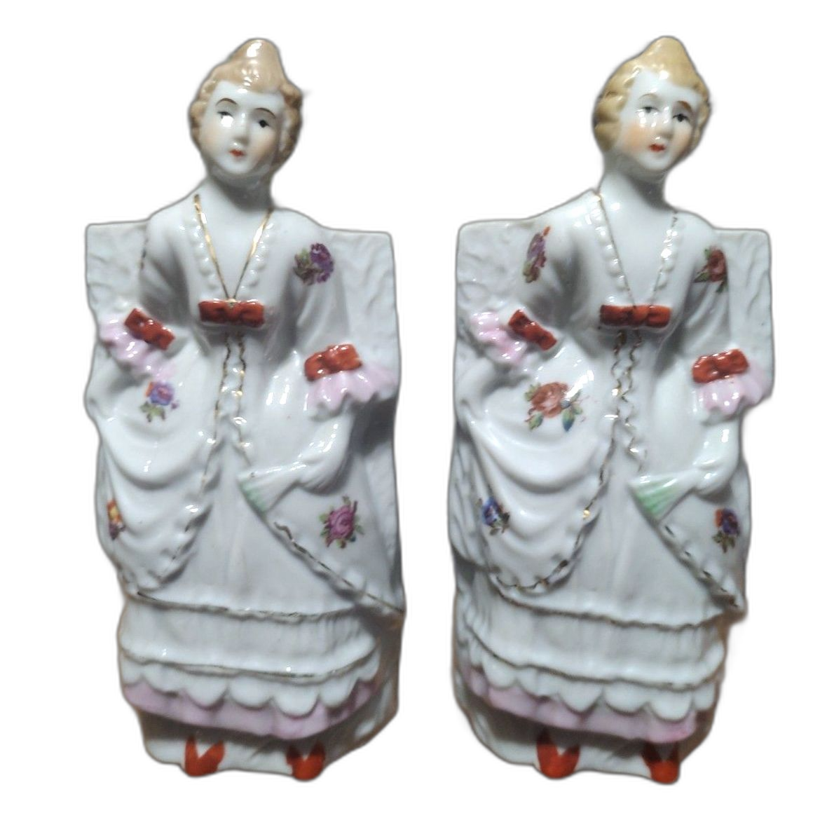 Pair of Vintage Colonial Woman Porcelain Lady Planters Wall Pocket Made in Japan