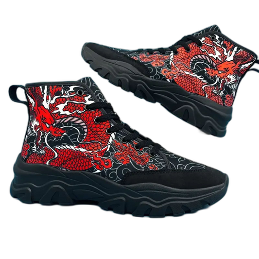Dragon Pattern High Top Sneakers for Men - Non-Slip, Soft Sole Shoes 6.5 / Black