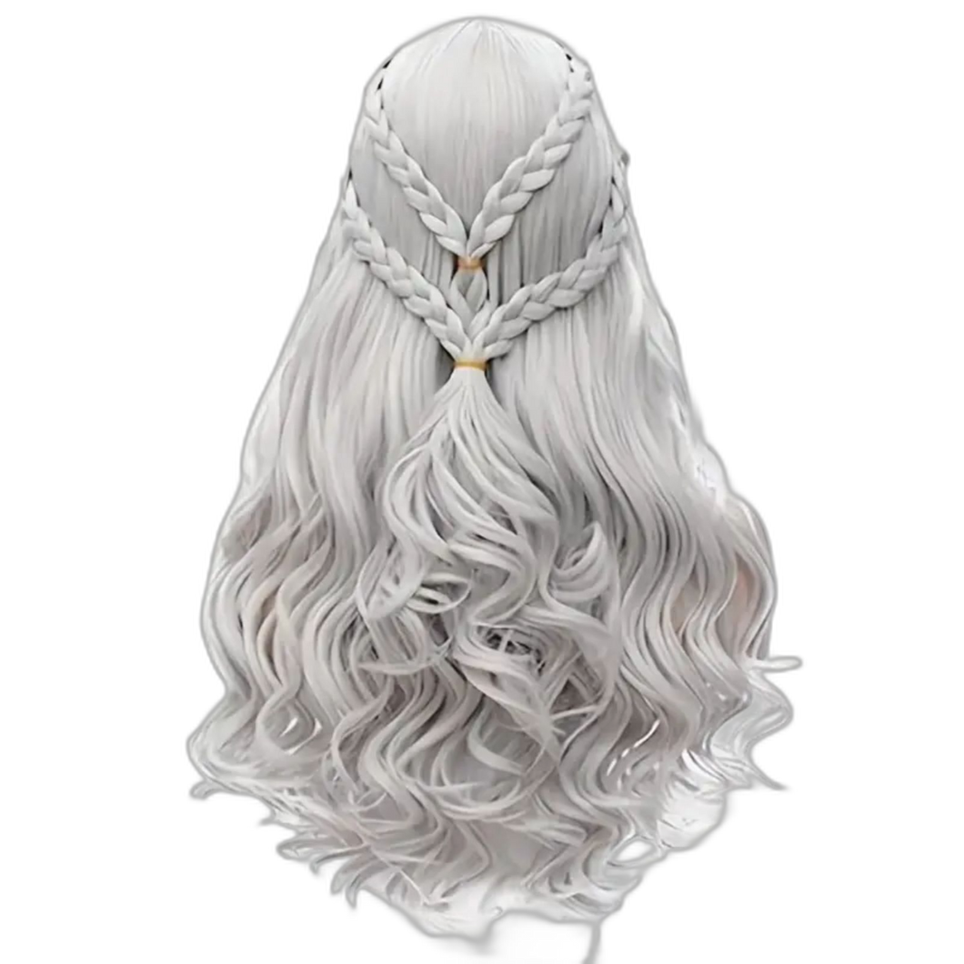 Wig Braided Long Curly Synthetic Silvery Grey Hair length 26
